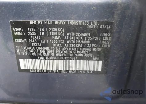 2015 Subaru Outback 2.5I Limited из США, поврежденный, VIN 4S4BSALC8F3211867